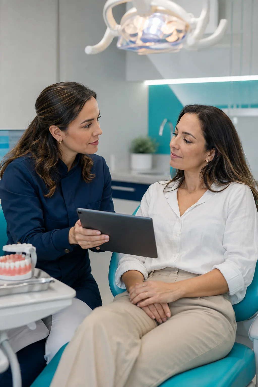 Dentista orientando uma paciente durante consulta em consultório odontológico