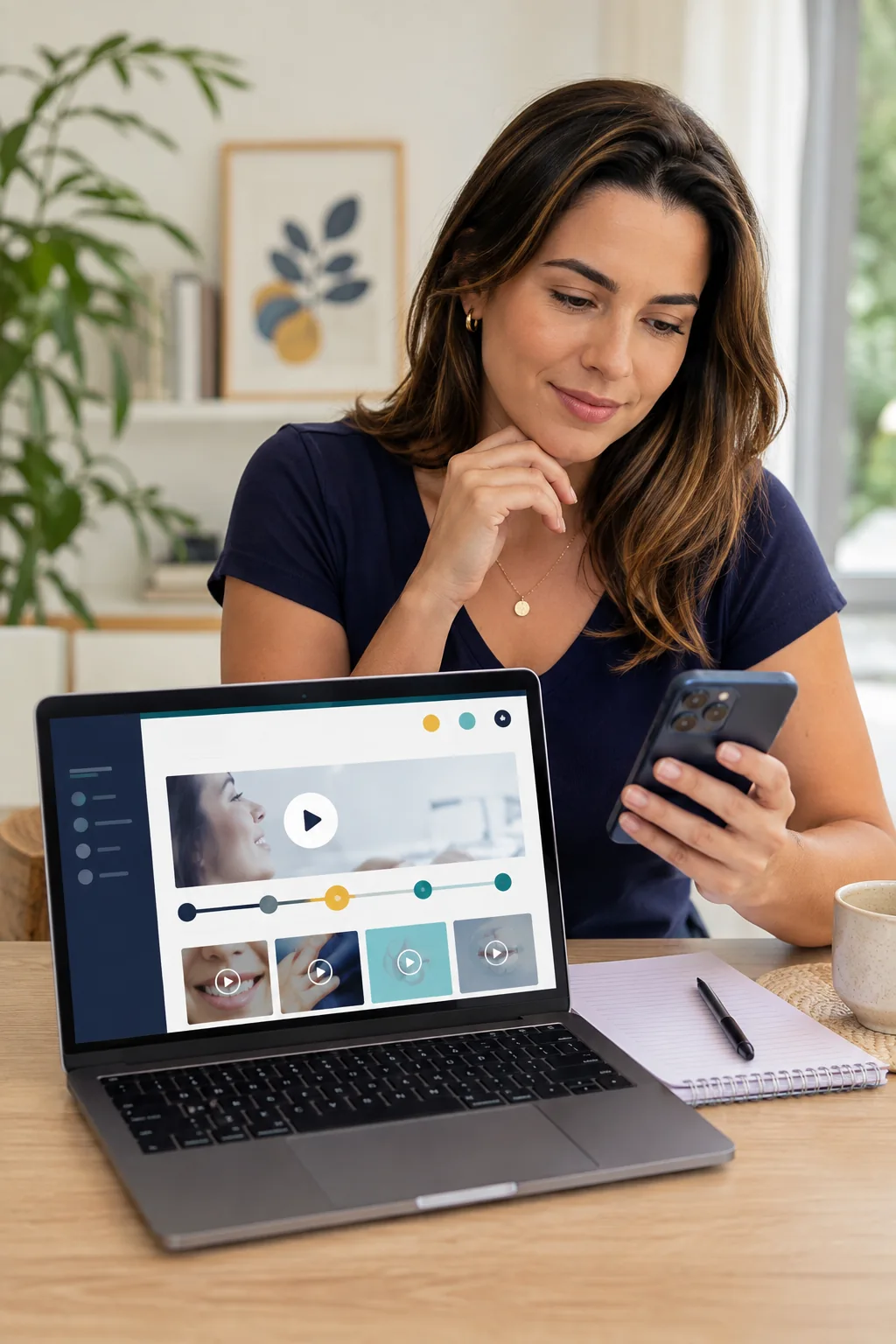 Pessoa acessando conteúdos digitais de saúde pelo computador e celular