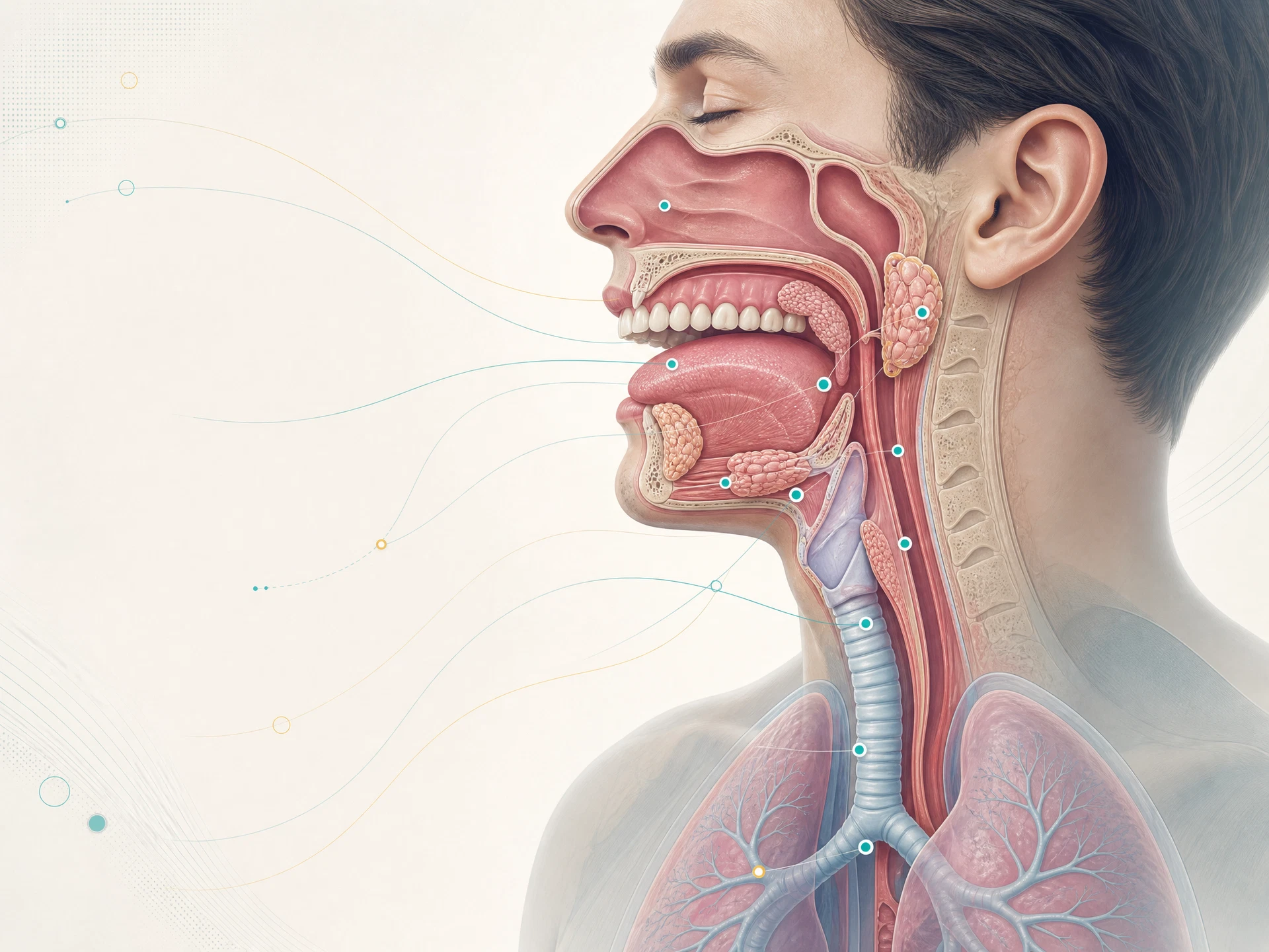 Ilustração anatômica educativa da boca, língua, amígdalas e vias aéreas