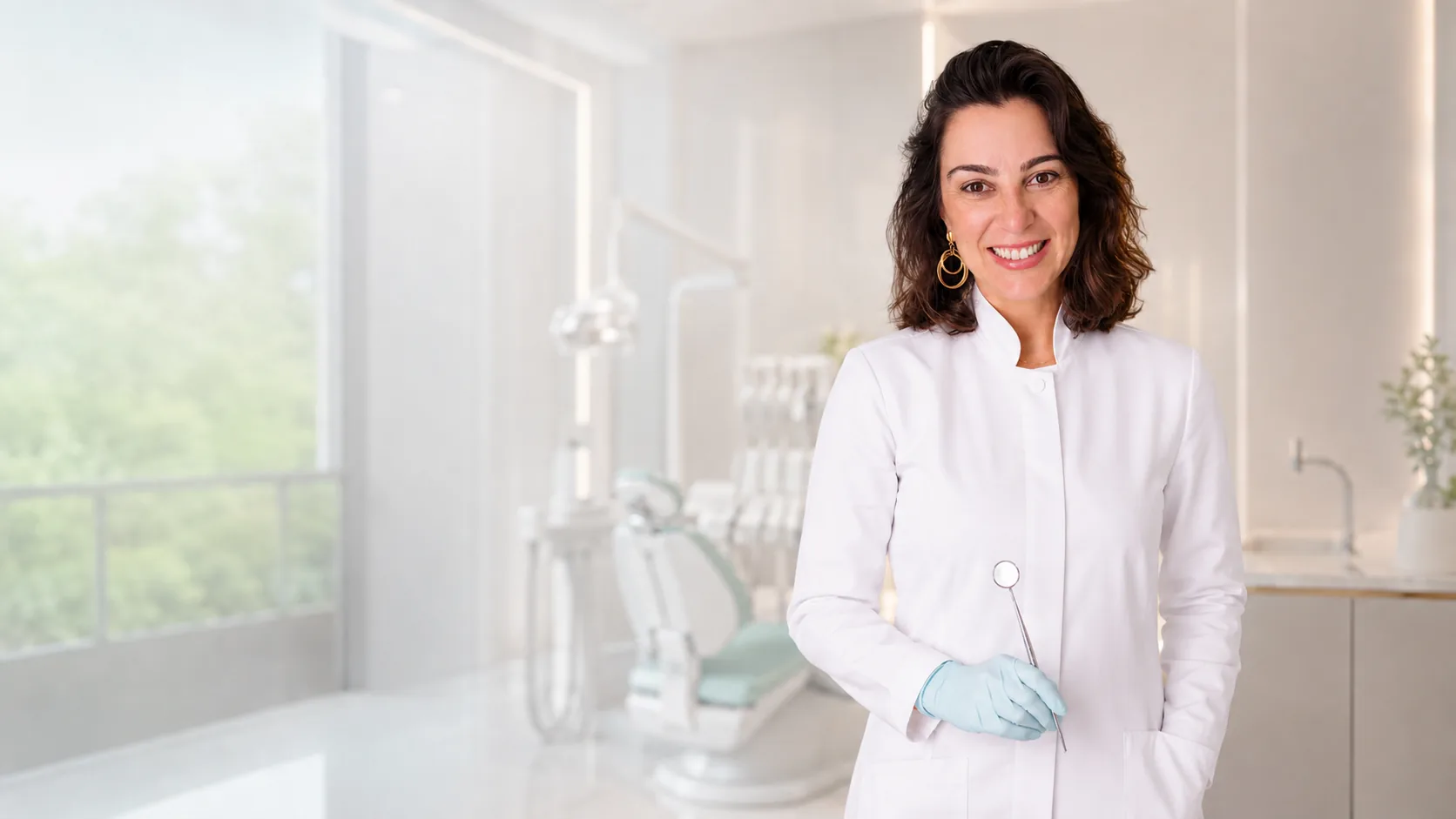 Dra. Cibele Dutra em consultório odontológico claro e moderno